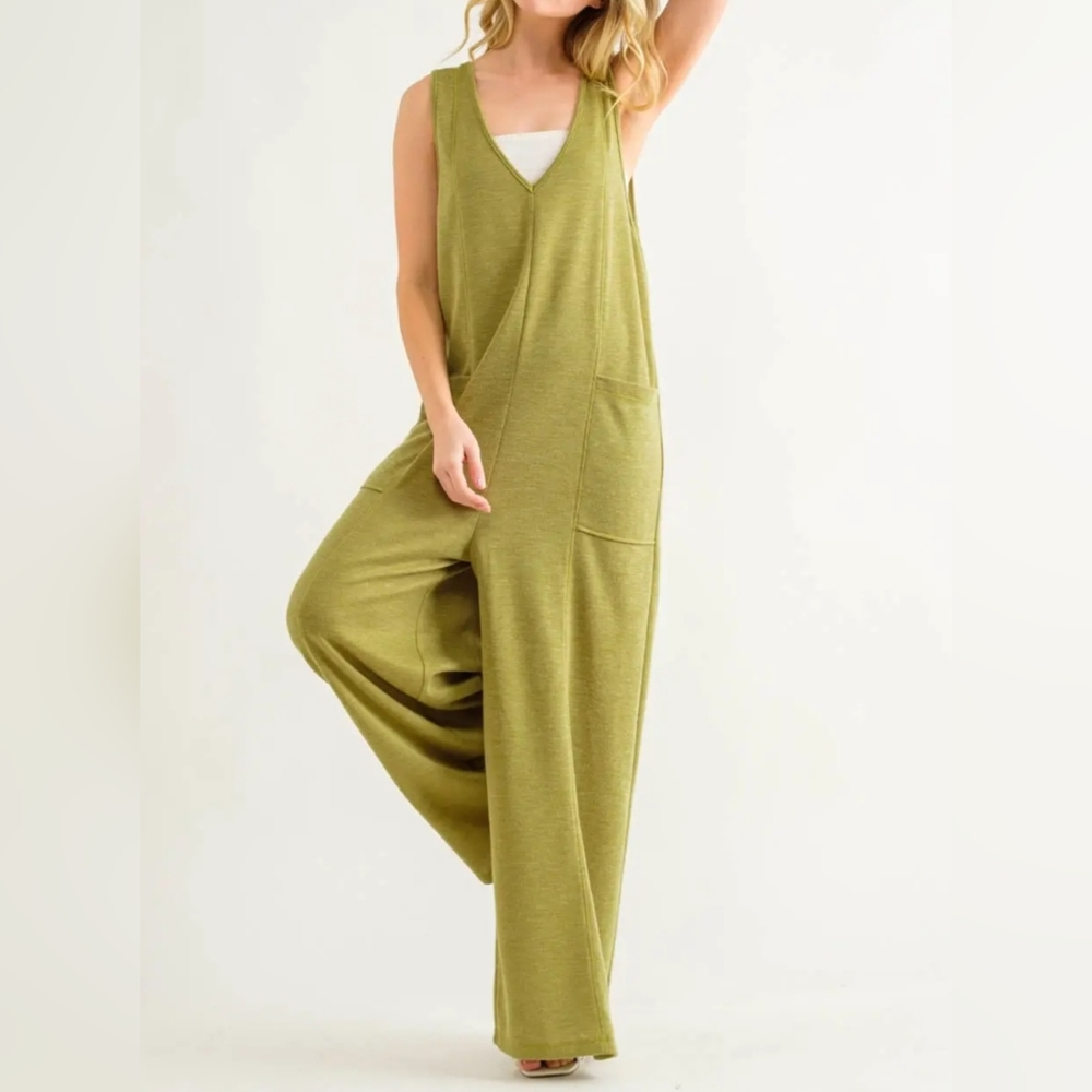 #0393 🛑S  BOHO V-neck Jumpsuit With Front Pockets - Picture 3 of 5